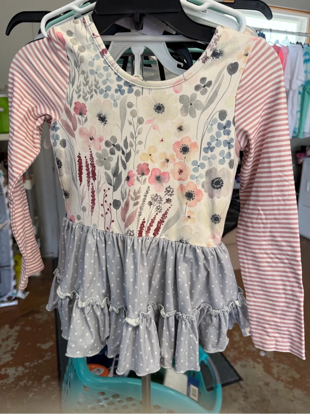Girls Floral & Stripe Long-Sleeve Dance Costume Top - Pink & Gray